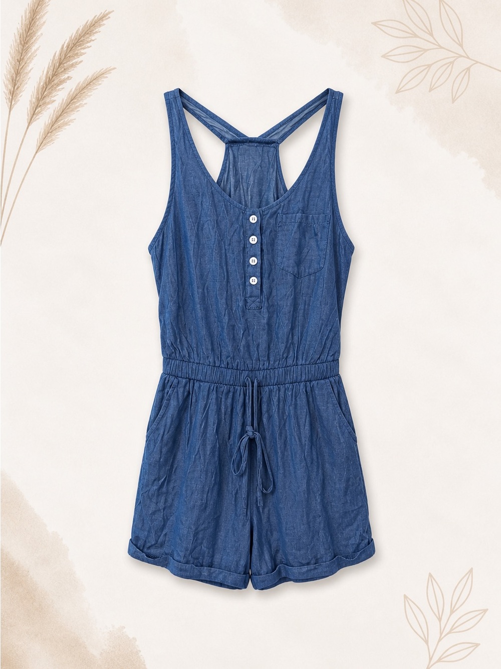 Cupshe Blue Chambray Romper NWT Size Small Sleeveless Button Front Tie Waist